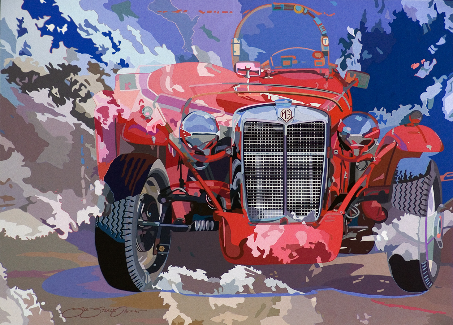 painting of an old fashioned red car in a front facing view. All around the car is a blue, grey, and light brown pattern that resembles maybe wind or water.