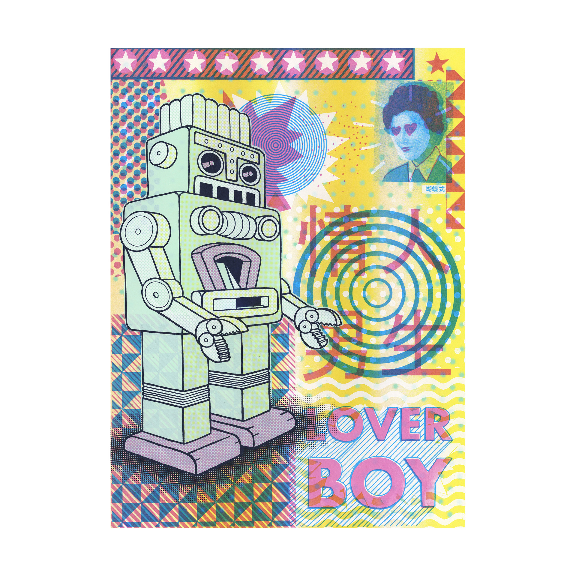 colorful print featuring a seafoam green colored robot. Asian characters and the words 'Lover Boy' are on the right side of the print, alsong with a small illustration of a man in a suit with hearts as eyes. The background of the print is filled with different patterns in different vibrant colors like polka dots, triangles, stars, etc.