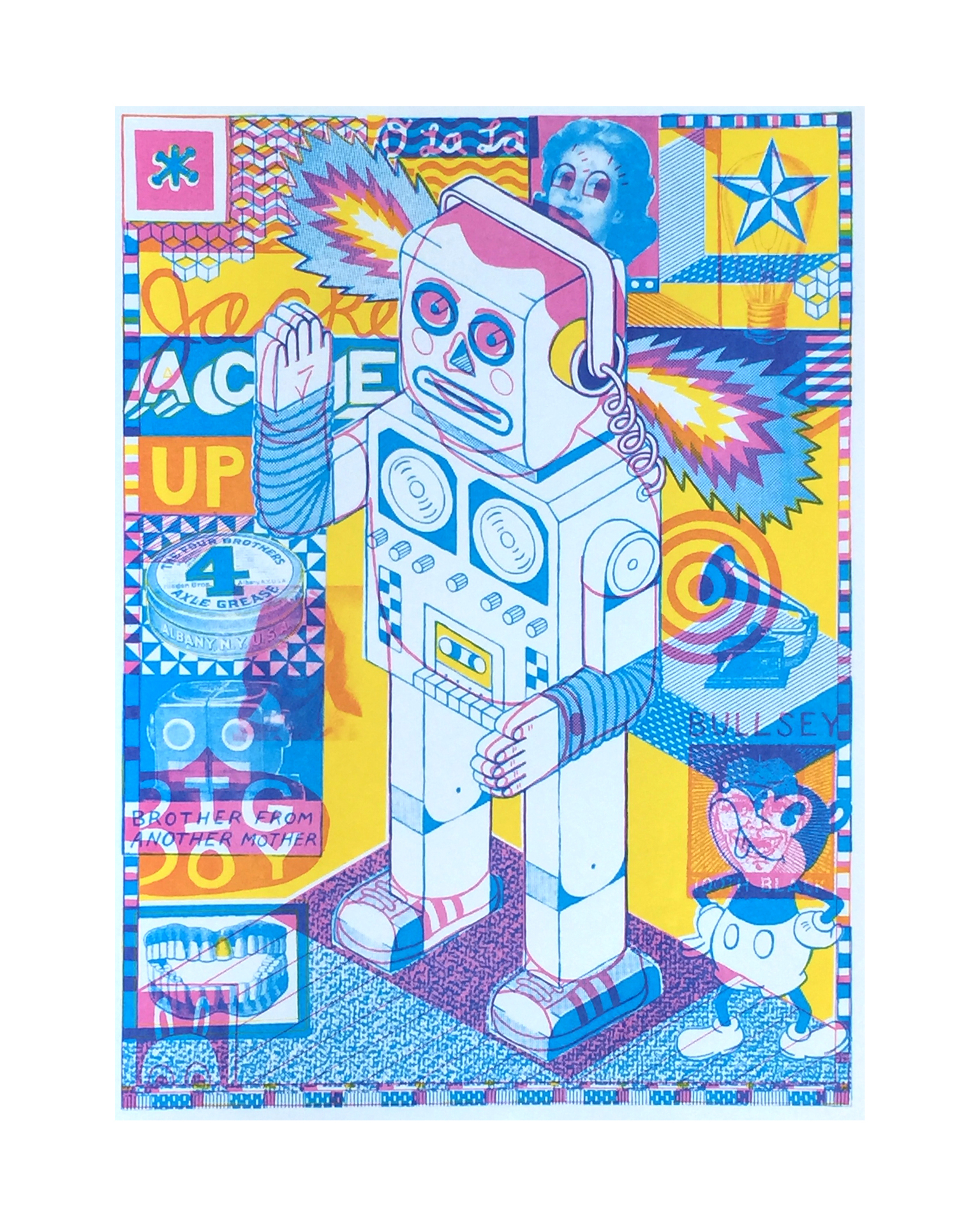 colorful print featuring a robot in the middle of the piece. The color pallete is yellow, blue, and pinnk. The robot has fire coming out of its 'ears'. There are lots of words and images crowded around the robot.