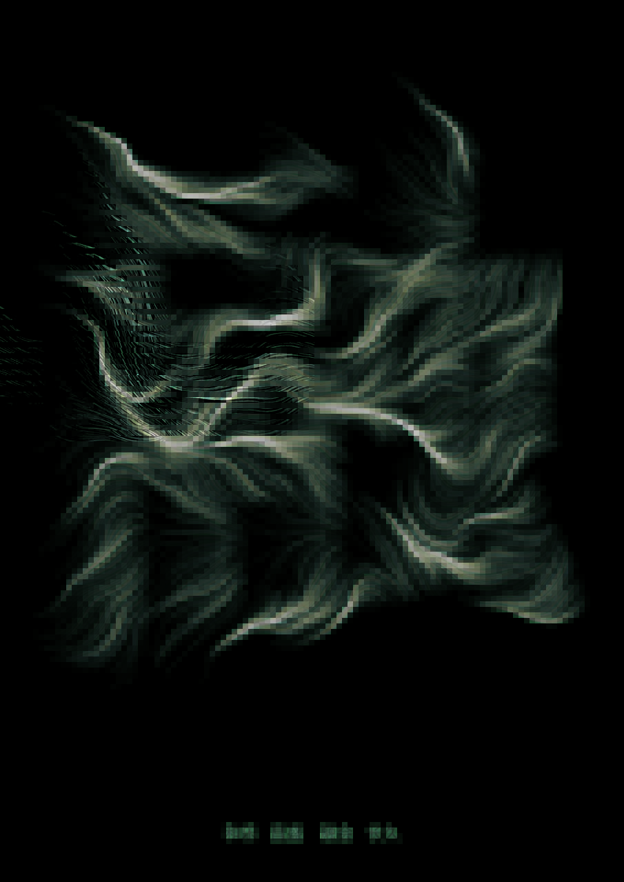 artwork with black background. There are thin, silky-looking white lines in a flowing, organic shape. They mak up small groups and are reminiscent of the way mist or steam moves. There are 4 sets of two small asian characters at the bottom of the piece 