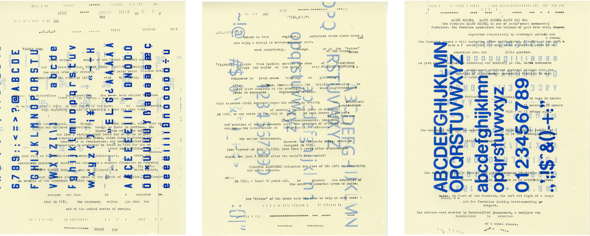 three sheets of paper laid out in a row. All of the sheets are an off-white, yellowed colored. They have different variations of blue numbers and letters printed overtop of what looks like a screenplay that is on the papers.