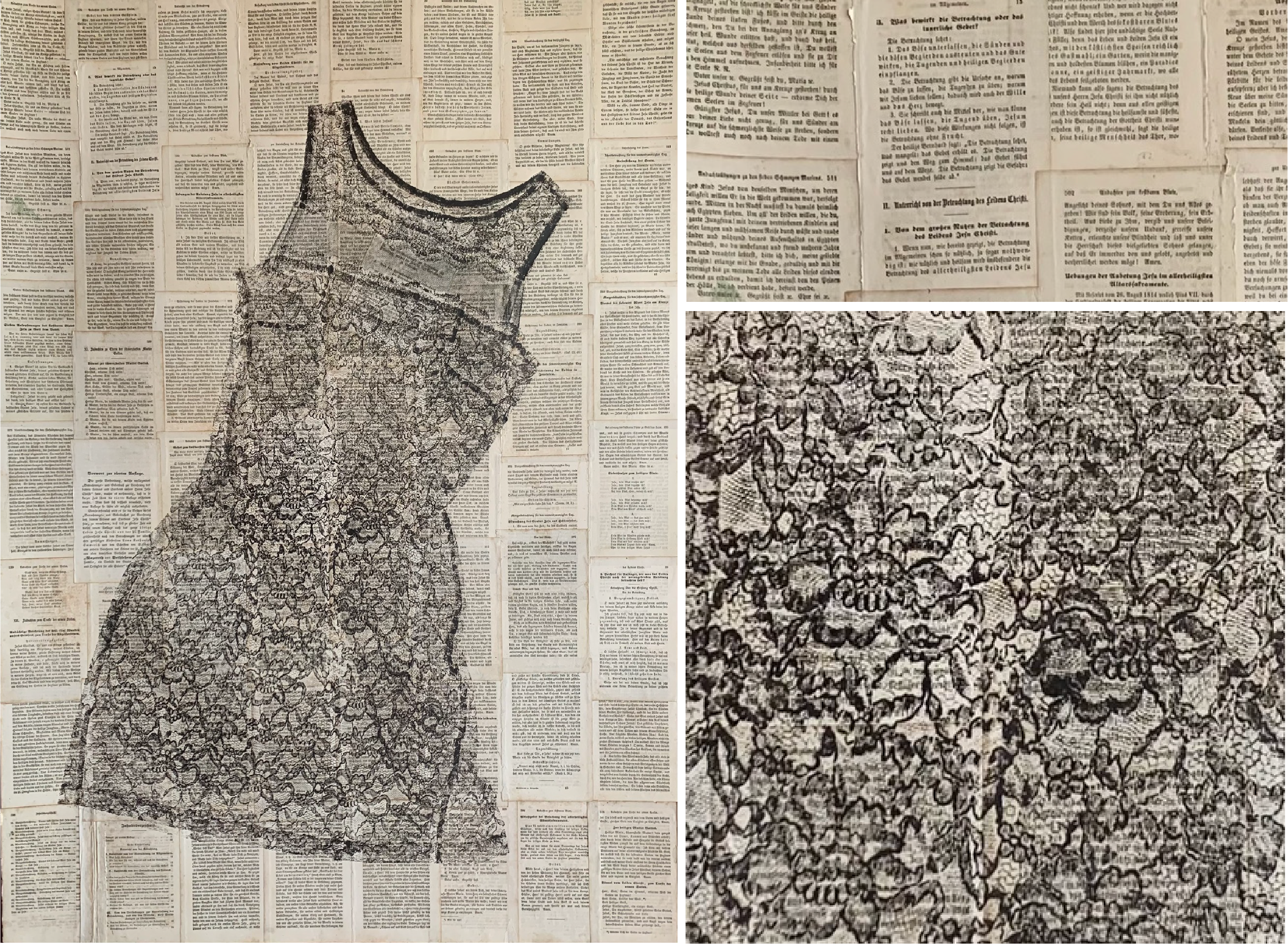 Andra Broekelschen The Little Black Dress, 2019 monotype print oil-based ink on old prayer book pages 43 x 31” Image use courtesy of the artist