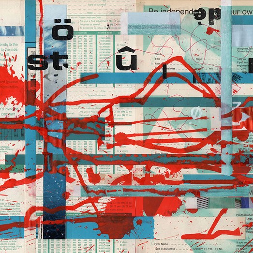 abstract painting of red splashes over a collage of paper and book pages  