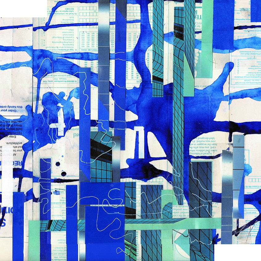 abstract painting with blue splashes on a collage of blue, teal, and cream colored paper and book pages.