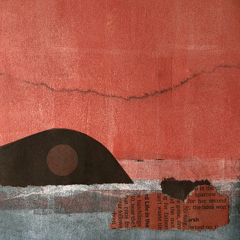 a collage styled sunset with blue and white foam water, dark brown land, and torn pieces of black lettered paper.