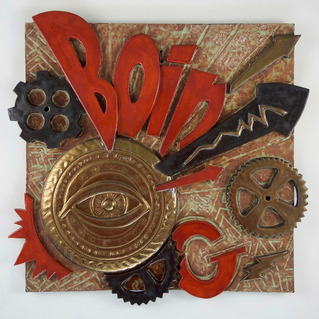  a wall plaque with the word "BOING" in red lettering with metal and black colored cog wheels with arrows pointing off the side of the gold eye under the word.