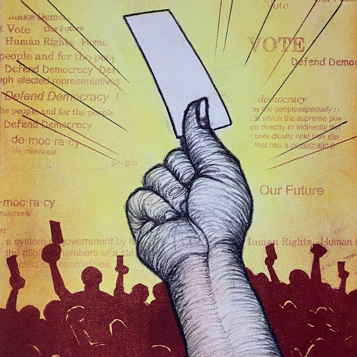 red outlined and shadowed people are holding up their hands with a piece of paper and in the foreground there is an arm and hand reaching out and holding a piece of paper with multiple phrases and words in the background.
