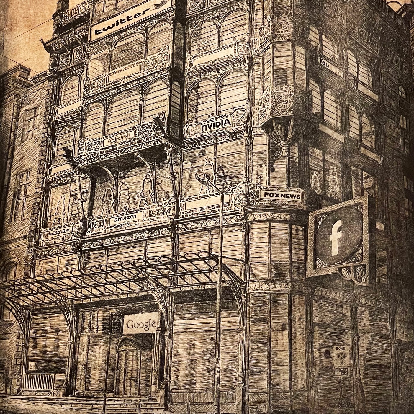 a muted-color etching featuring multiple signs containing the names of multiple Fortune 500 companies.  