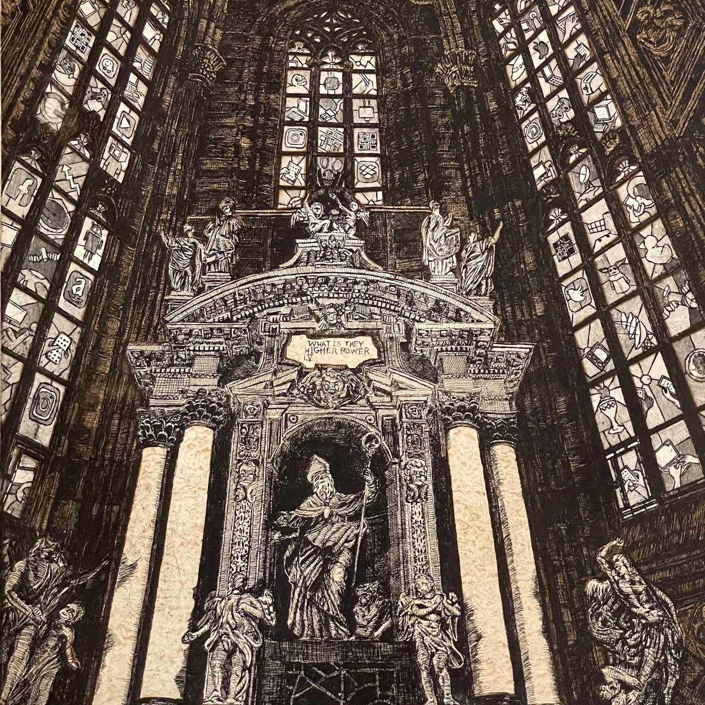 a muted-color etching of inside of a cathedral showcasing the tall stain glassed windows and motifs are represented.