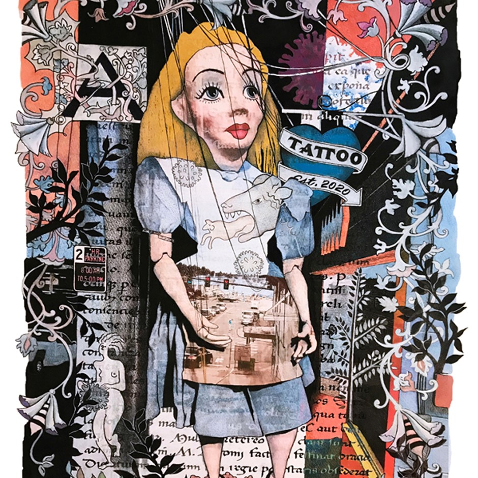 Alice from "Alice in Wonderland" holding a picture with strings attached to her with the background full of foliage and Gothic prayer book images and text.