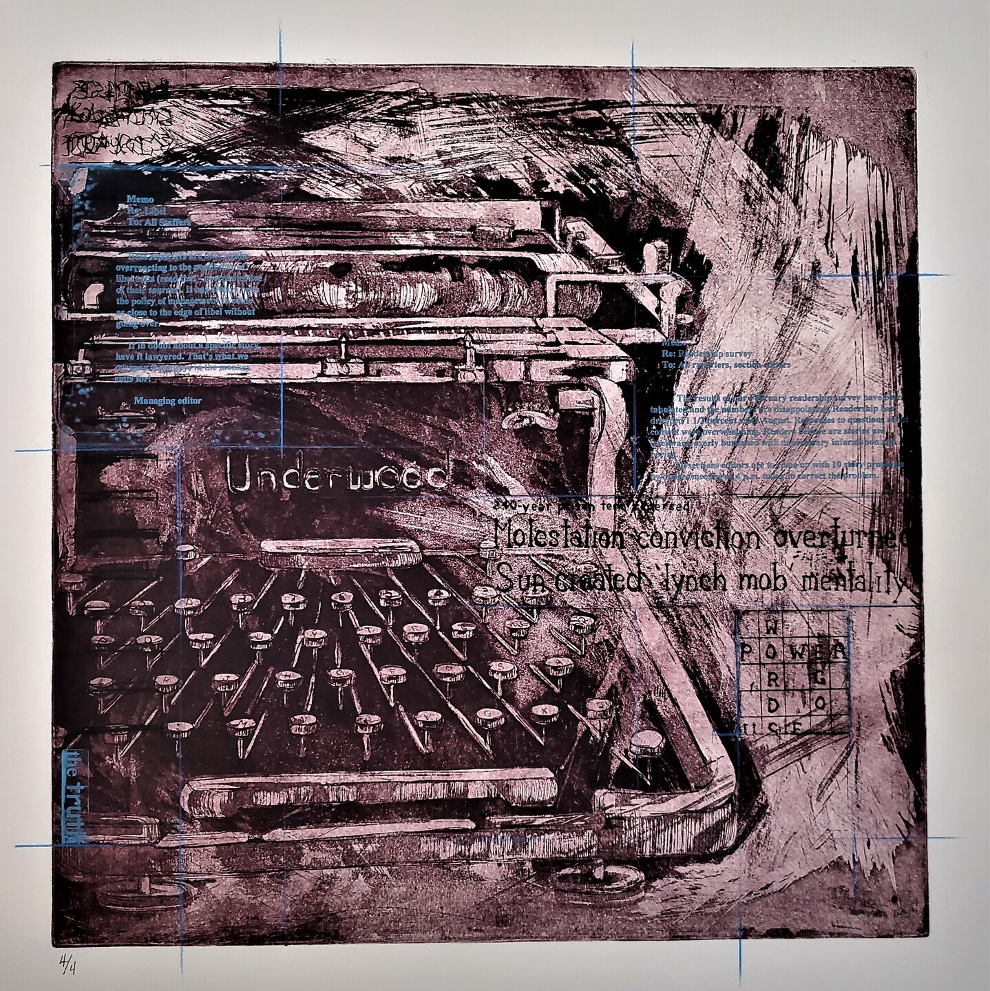 purple toned print of a typewriter with other words and phrases as well as a crossword puzzle overlayed on top of it.