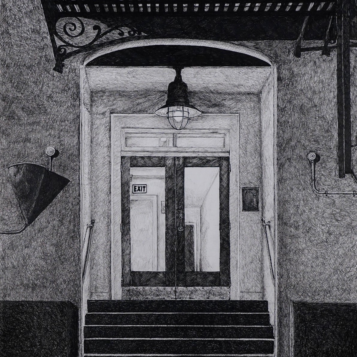 Black and white illustration of the front of a city apartment.