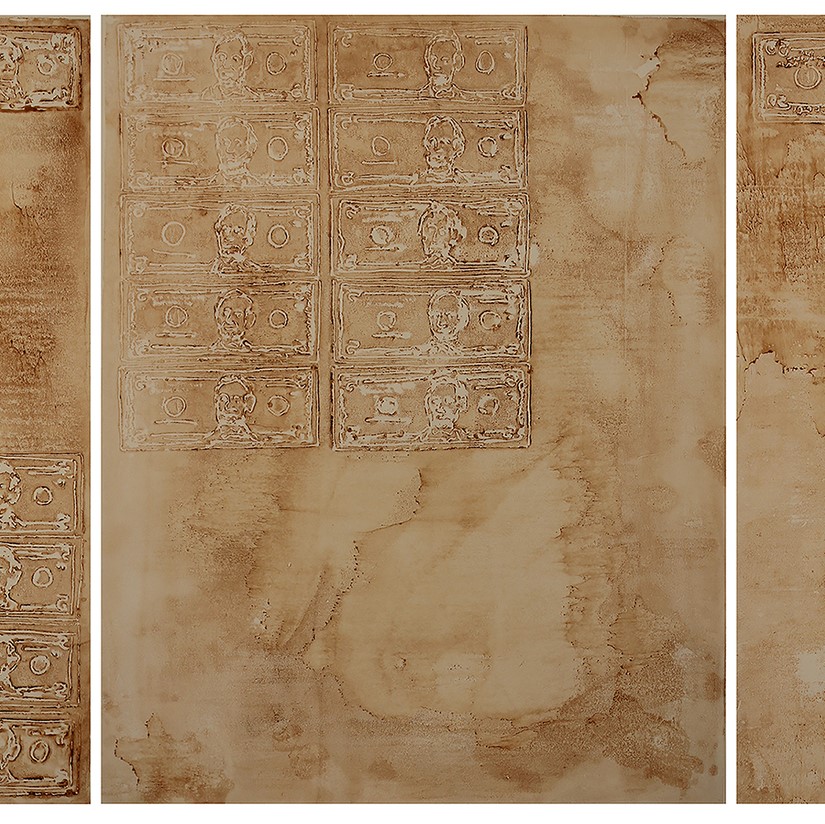 three different rectangular sheets that are a light brown, muddy looking wash. The left most sheet is almost completely filled with drawings of dollar bills that look almost scratched out of the brown pigment that is on the surface. The second sheet (in the middle) has two rows of dollar bills that only go half way down the sheet. The last, right most sheet only has one dollar bill on it.