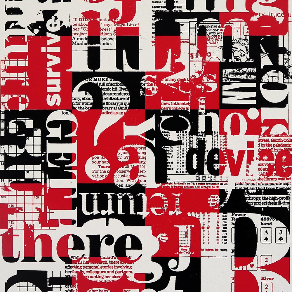 collage of papers, crosswords, and other newspaper elements. Black and red words are printed over the collage.