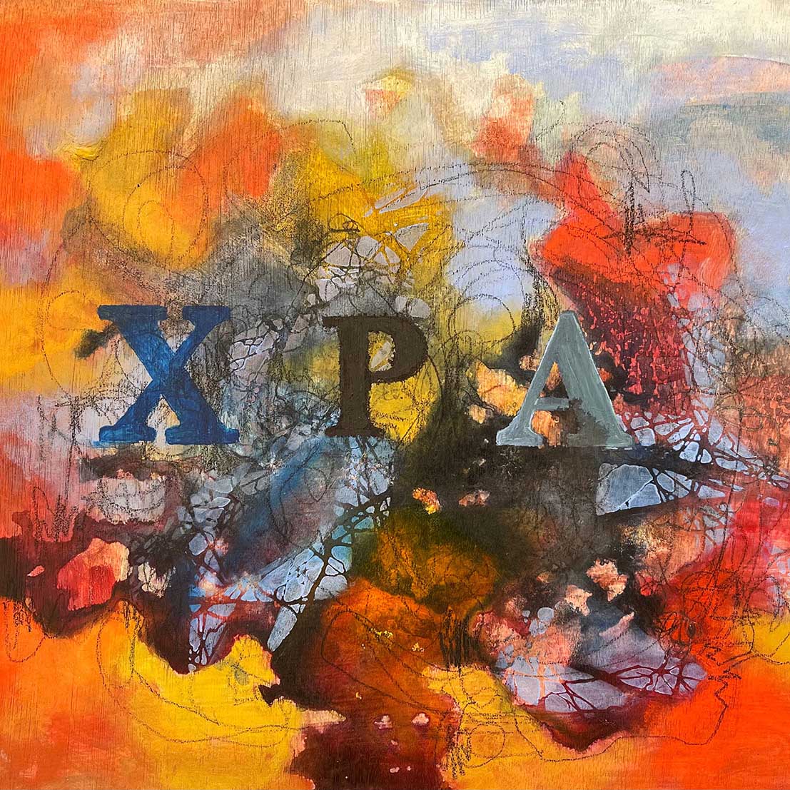 energetic, messy painting with what looks like crayon or charcoal scribbles. The background is a haze of orange, yellow, periwinkle, and dark and light grey. The letters 'XPA' are printed in a serif font over the background with each letter a different color: dark blue, dark brown, and grey.