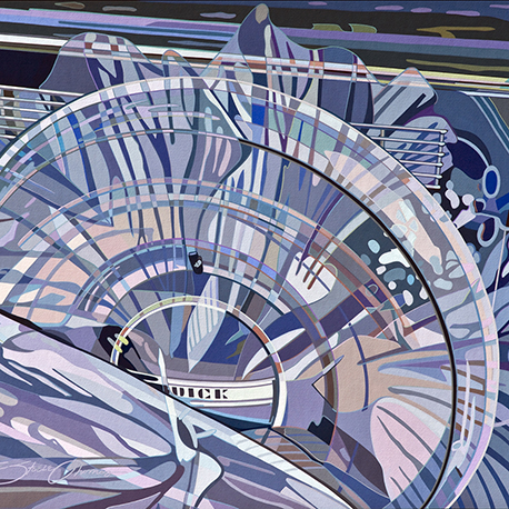 painting of a car tire with a flower overlayed on top of it. Color pallete is mainly light blues and purples.
