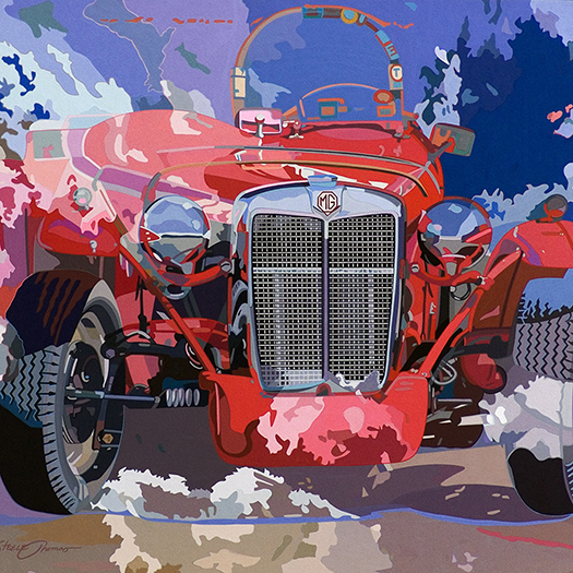 painting of an old fashioned red car in a front facing view. All around the car is a blue, grey, and light brown pattern that resembles maybe wind or water.