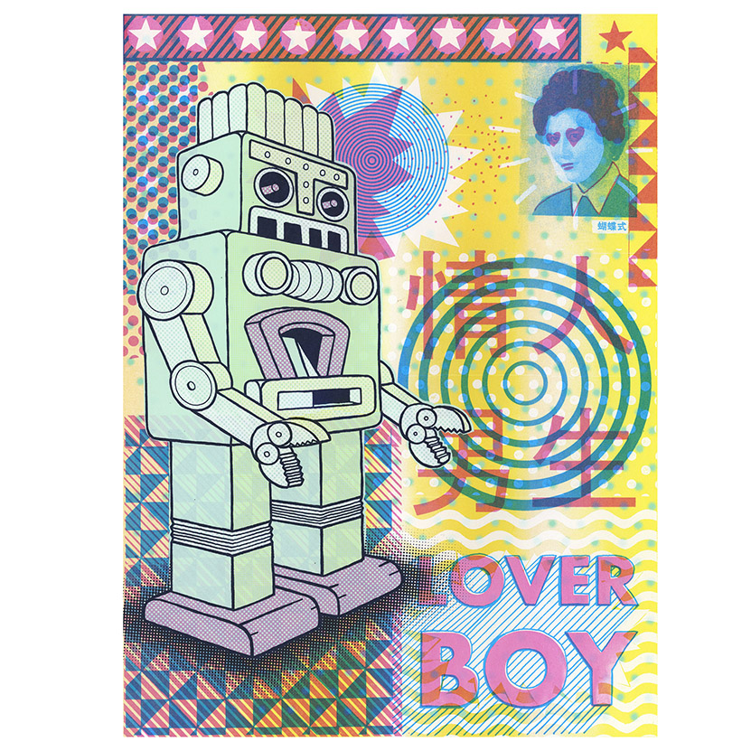 colorful print featuring a seafoam green colored robot. Asian characters and the words 'Lover Boy' are on the right side of the print, alsong with a small illustration of a man in a suit with hearts as eyes. The background of the print is filled with different patterns in different vibrant colors like polka dots, triangles, stars, etc.