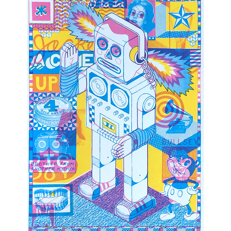 colorful print featuring a robot in the middle of the piece. The color pallete is yellow, blue, and pinnk. The robot has fire coming out of its 'ears'. There are lots of words and images crowded around the robot.