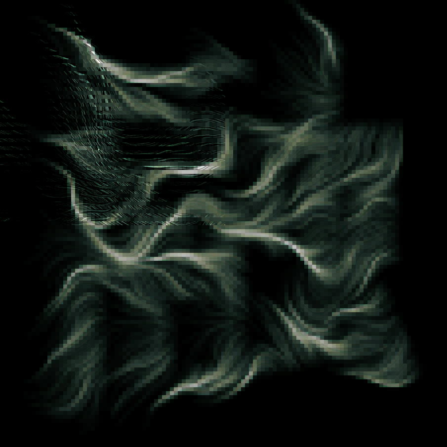 artwork with black background. There are thin, silky-looking white lines in a flowing, organic shape. They mak up small groups and are reminiscent of the way mist or steam moves. There are 4 sets of two small asian characters at the bottom of the piece 