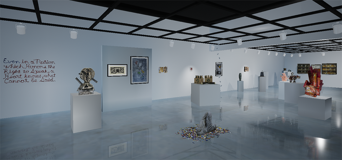 screen capture of inside of virtual gallery. Various modern artworks made using ink and clay are displayed throughout the gallery