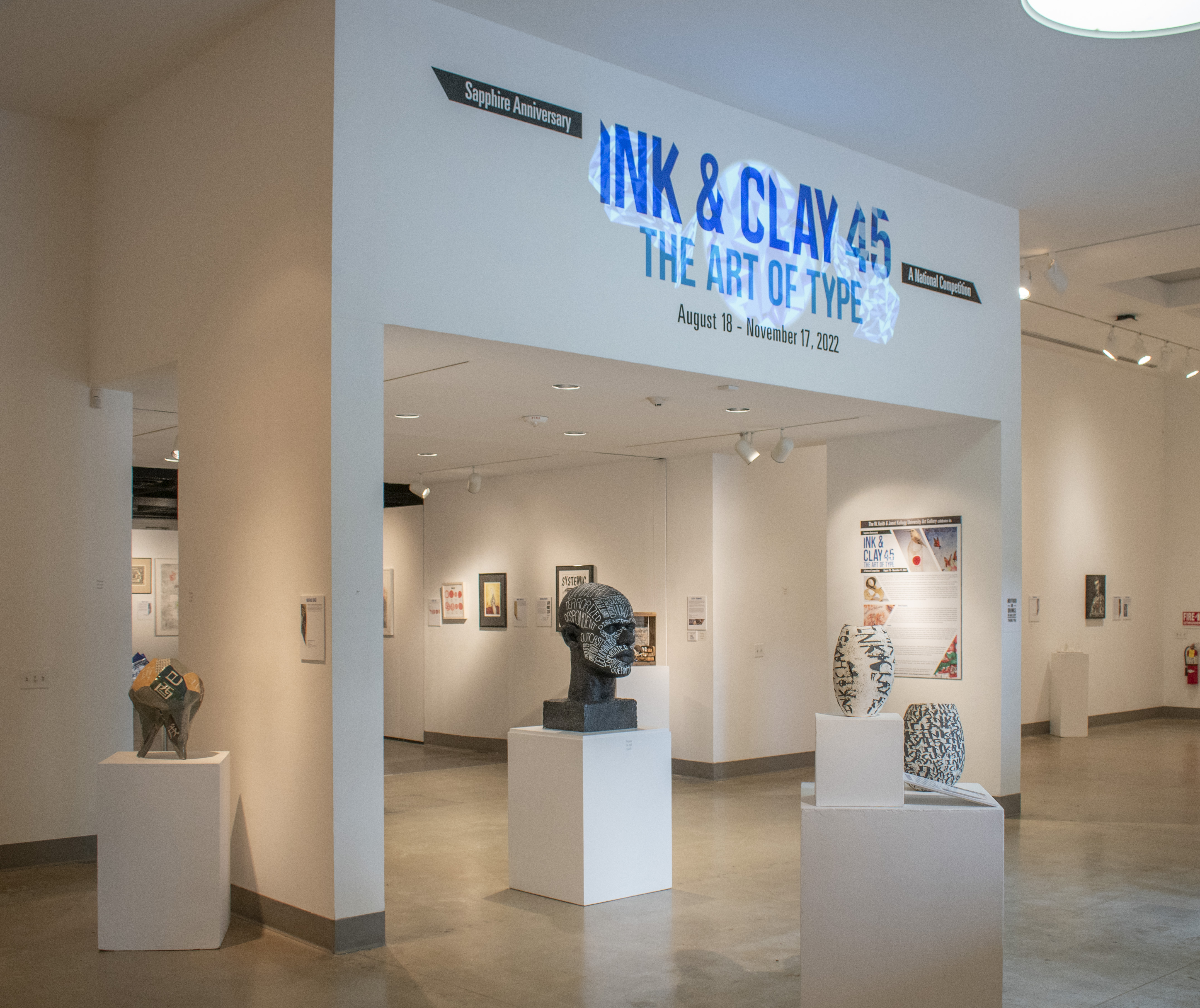 Installation View, Title Wall, "Ink & Clay 45" ,August 18, 2022 to November 17, 2022