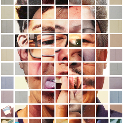 Collage made up of equal sized squares. Each square has a piece of an image of a person. The collage is composed of lots of different small parts of people various ages.