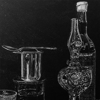Khai Nguyen, Light of nostalgia, 2021, black illustration board, prisma white pencil, 16 x 11”, Courtesy of the artist