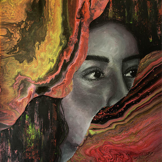 portrait of young lady painted in black and white. Colorful paint has been poured over the painting so the portrait seems to be peeking through the swirled colorful paint.