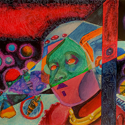 oil pastel drawing of an astronaut lost in the cosmos