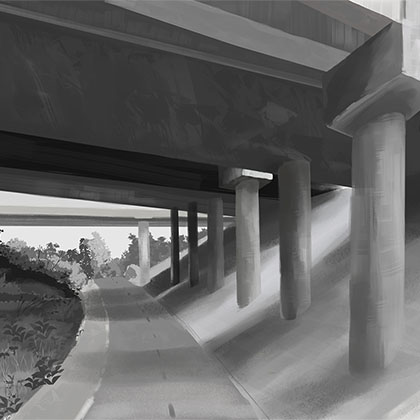 digital black and white painting of a freeway underpass