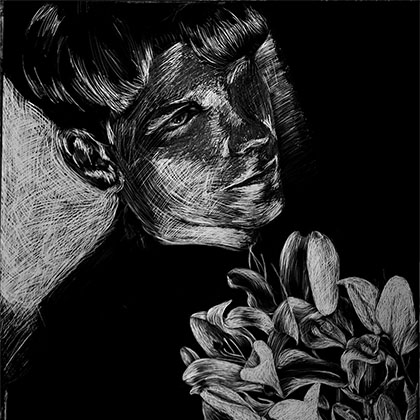 scratch board illustration of a person with flowers