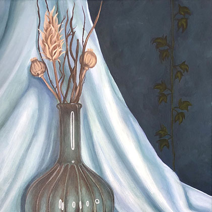 still life acrylic painting of a vase with blue curtains draped in the background