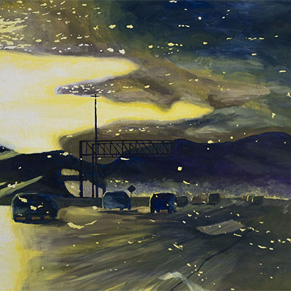 acrylic painting of cars on a freeway. The painting is composed in hues of yellow, dark blue and a small bit of green. Little flakes of yellow are floating in the air. 