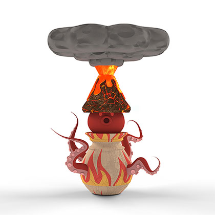 3d model of a octopus in a pot that has flames on it. The octopus is wearing a hat that is a volcano erupting with a billowing cloud on top.