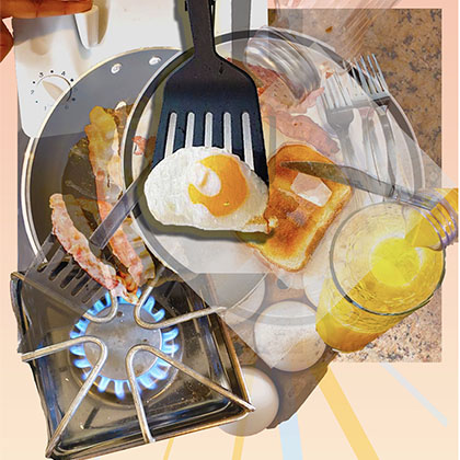 Photoshop collage of a morning breakfast: eggs, bacon, toaster, etc.