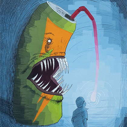 gouache and pen on cold press illustration board of a soda can as an angler fish luring people to take a sip