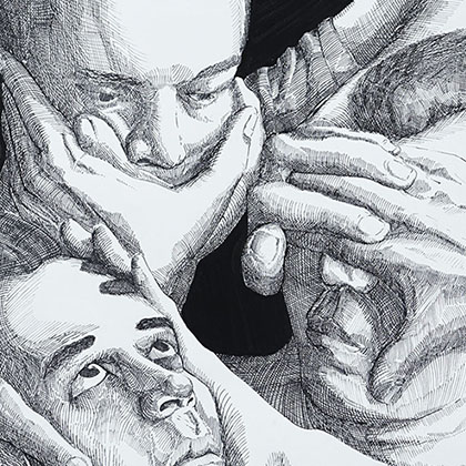 pen and ink drawing of three people, one covering the eyes, one covering the ears, one covering the mouth