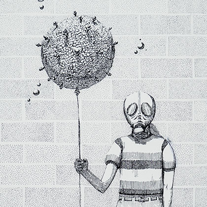 pen and ink illustration of a kid in a gas mask holding a balloon shaped like a bacteria