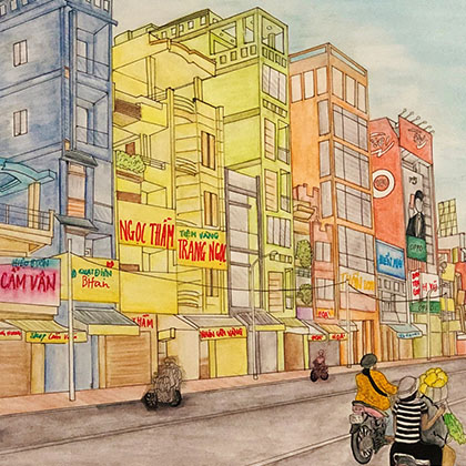 Khai Nguyen , Nostalgic Bac Lieu, 2020, bristol paper, watercolor pencils, micron pens, soft pastels , 17 x 14” (mat/framed: 23 x 20”), Courtesy of the artist