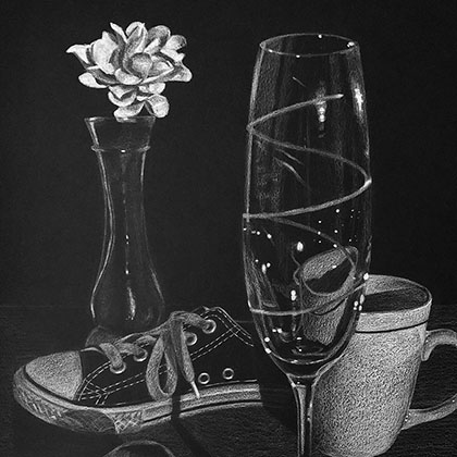 Black and White Still Life Drawing of flower in glass vase, converse shoe, wine glass, mug, and lightbulb