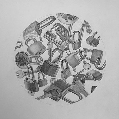 graphite drawing of a cropped circle composition of locks and keys