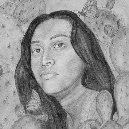 charcoal drawing of a person surrounded by prickly pear cactus