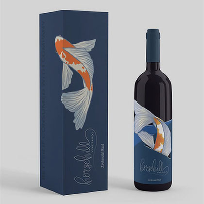 Horsehill Vineyards Wine Label with illustration of a koi fish and the words "Horesehill Vineyards" in white on navy blue wine label