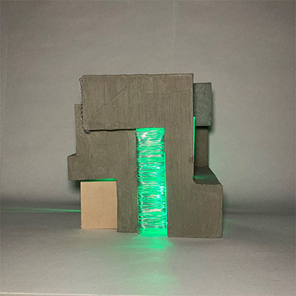 square sculpture made out of concrete casting, wire, wire mesh, basswood, LED lights