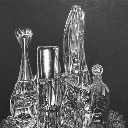 white prismacolor pencil drawing on black bristol board of a cluster of perfume bottles