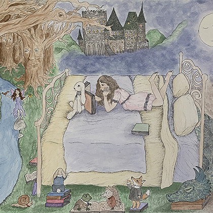 Micron pens and watercolor illustration of a girl reading in bed at night as fantasy stories come to life: trees with faces, fairy, dragon, frog, etc.