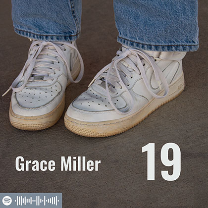 Grace Miller, 19, magazine cover cropped shin image of person wearing blue jeans and white Nike sneakers