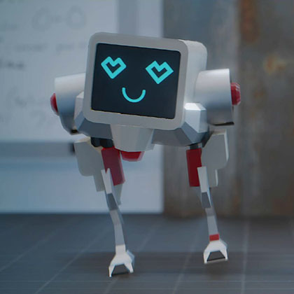 image of a 3d rendered environment with a little robot standing in the left side of the frame. Robot has heart eyes and there is an electronic floating box that glows and sys 'appeal'.