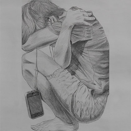 graphite drawing of a person crouched down with head in knees like they are "Trapped" in a box